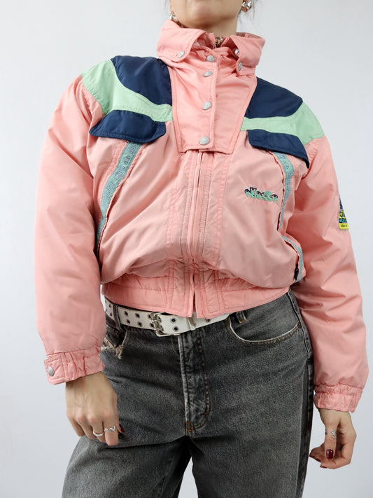 Vintage 80er 90er ELLESSE Winterjacke Skijacke gefüttert Kapuze rosa blau türkis M