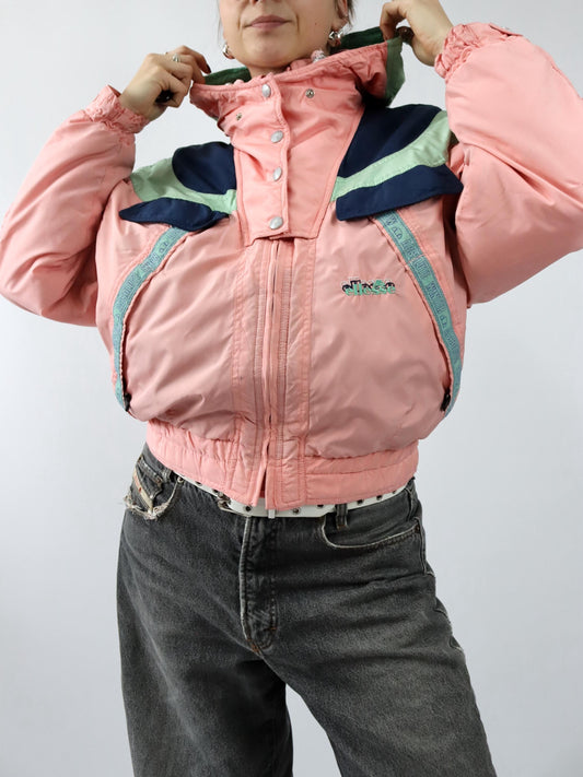 Vintage 80er 90er ELLESSE Winterjacke Skijacke gefüttert Kapuze rosa blau türkis M