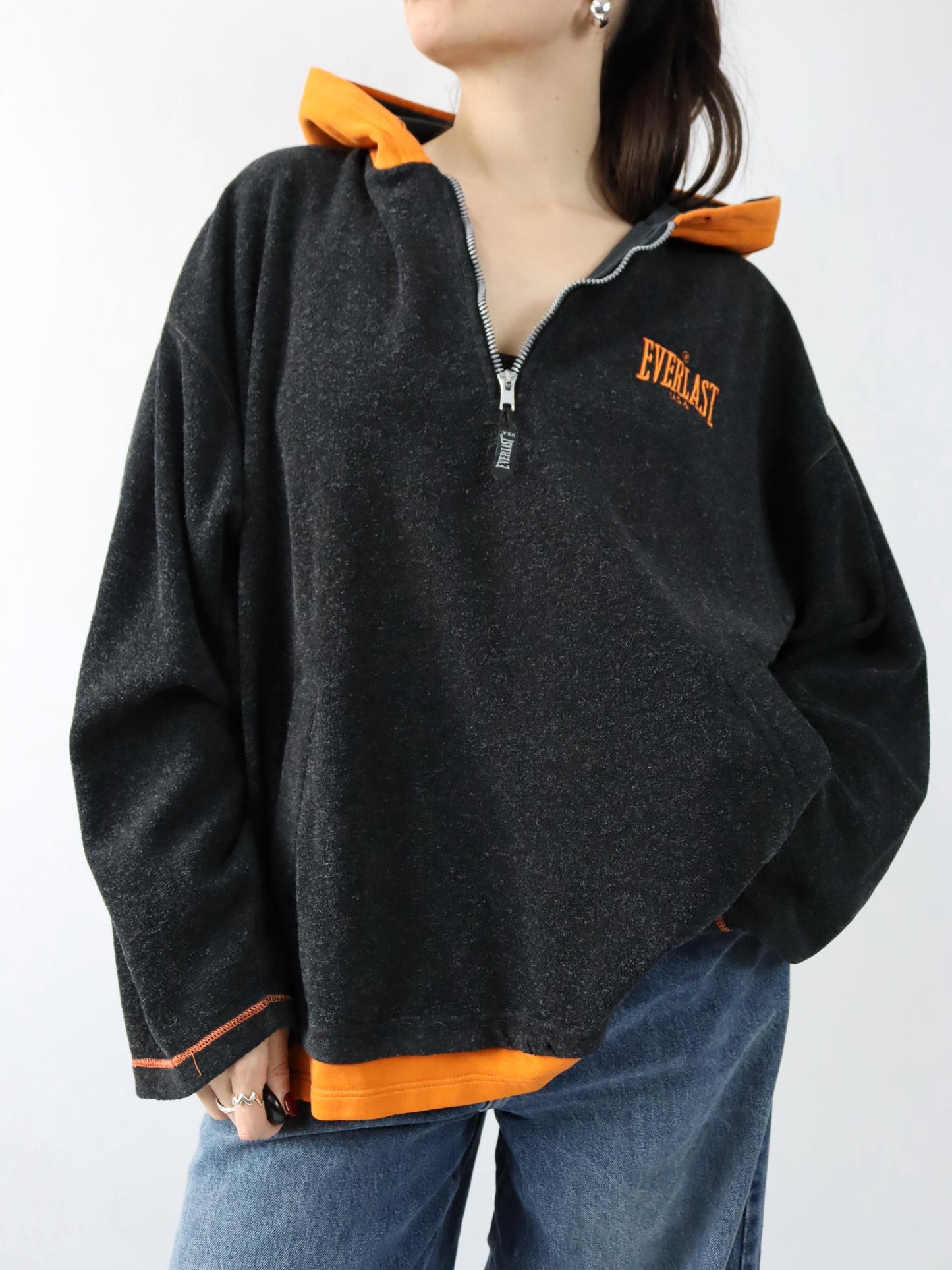 Vintage 90s 00s EVERLAST Hoodie Pullover grey orange Fleece XL