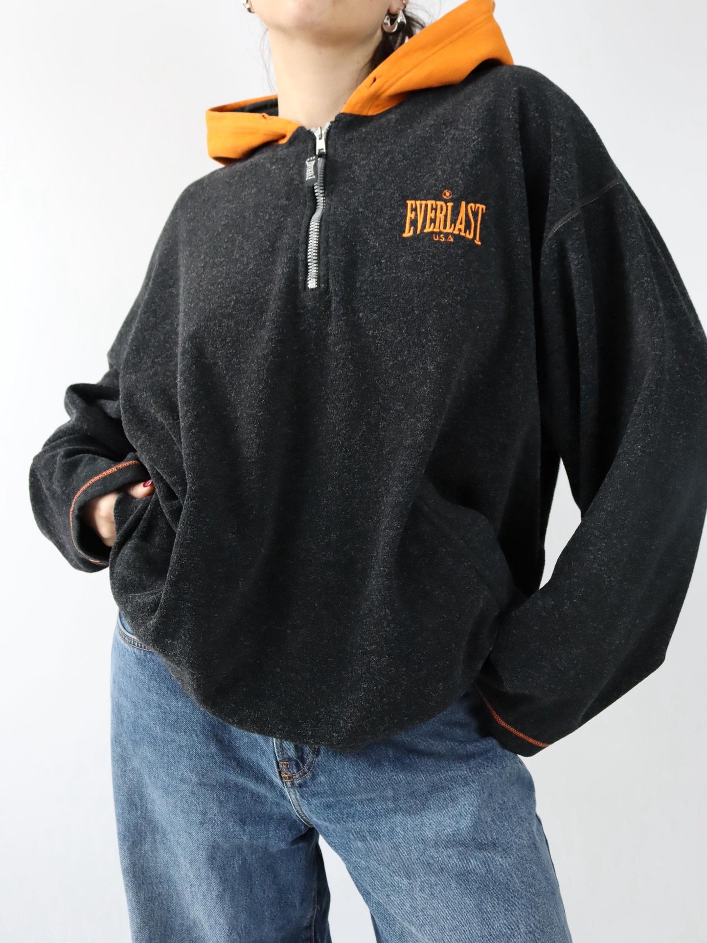 Vintage 90s 00s EVERLAST Hoodie Pullover grey orange Fleece XL