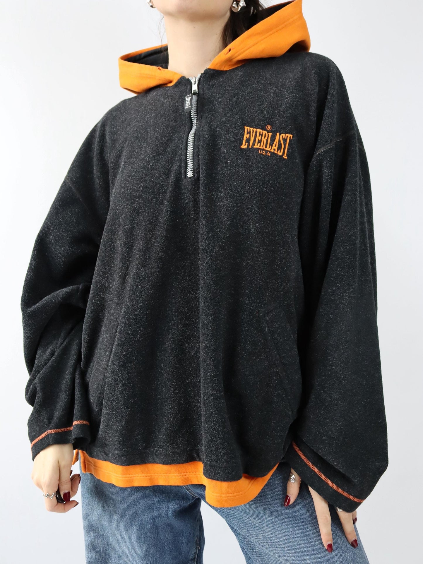 Vintage 90s 00s EVERLAST Hoodie Pullover grey orange Fleece XL