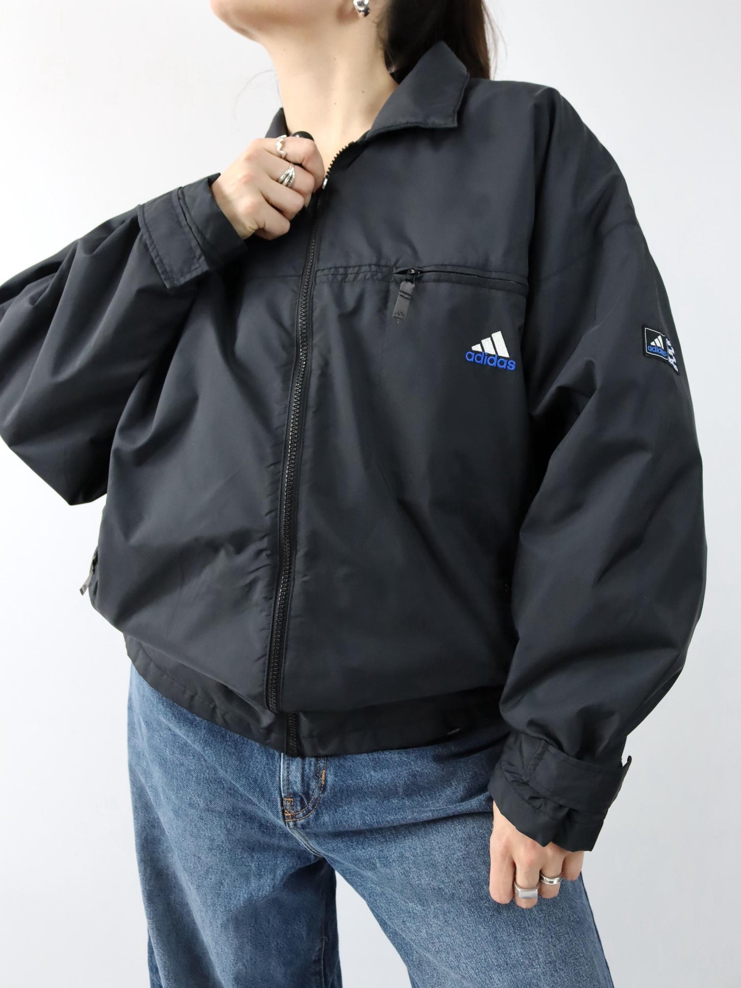 Vintage 80s 90s ADIDAS jacket lightly lined collar black blue D6 M