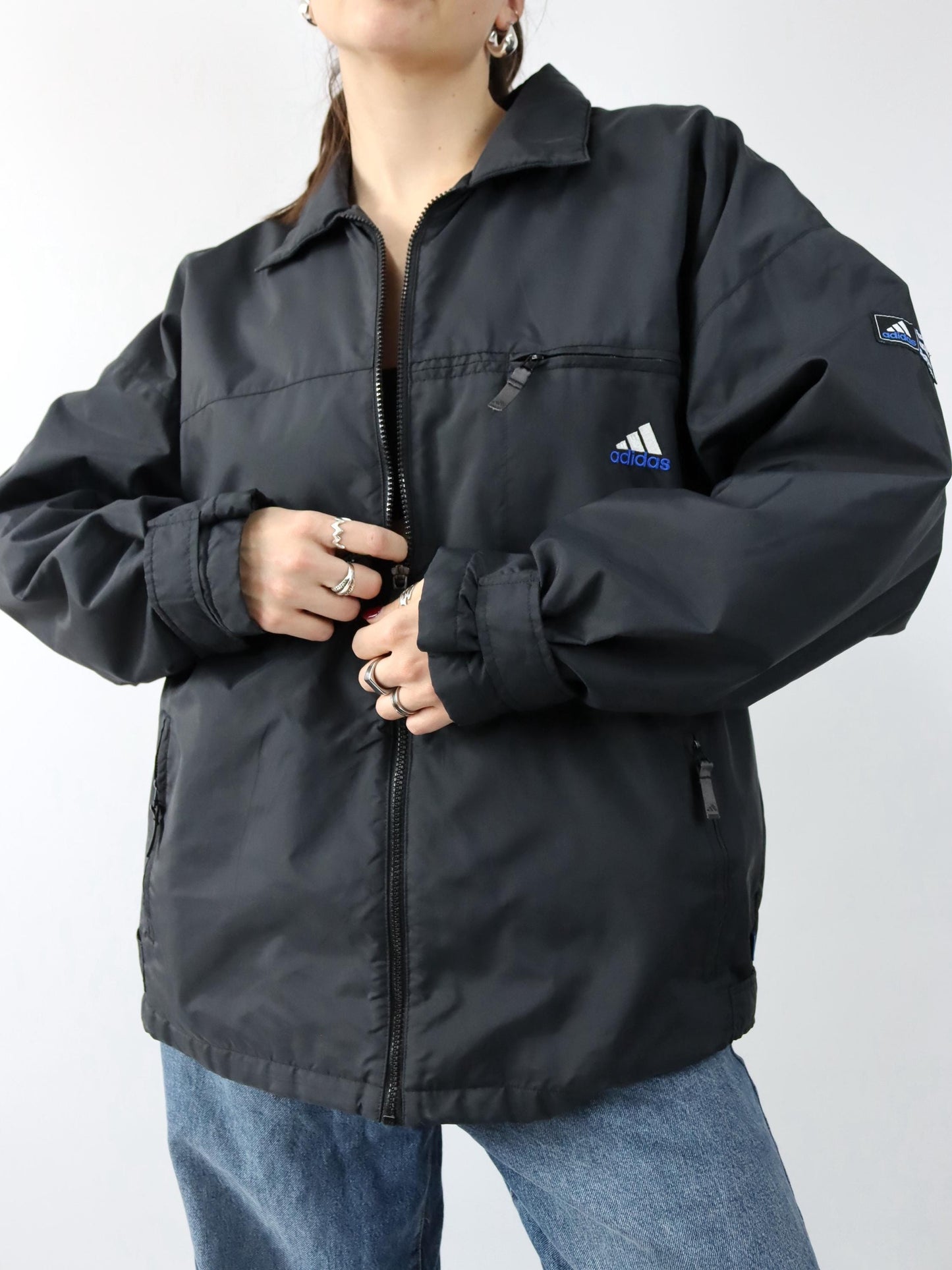 Vintage 80s 90s ADIDAS jacket lightly lined collar black blue D6 M