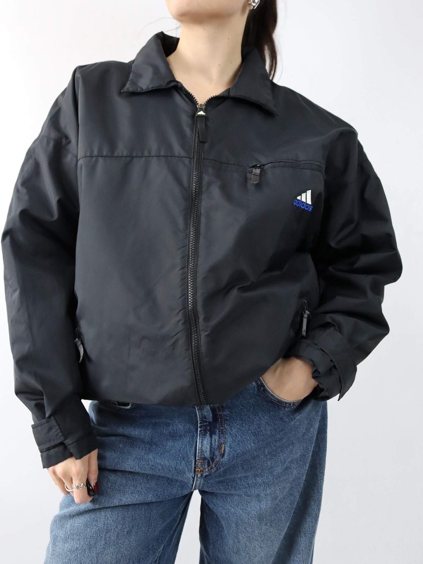 Vintage 80s 90s ADIDAS jacket lightly lined collar black blue D6 M