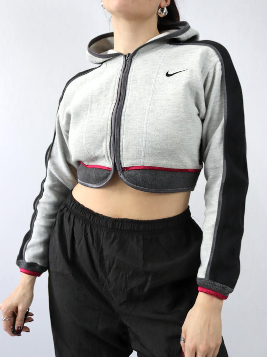 Vintage 90er 00er NIKE  Sport Jacke Crop Trainingsjacke bauchfrei Kapuze grau schwarz M