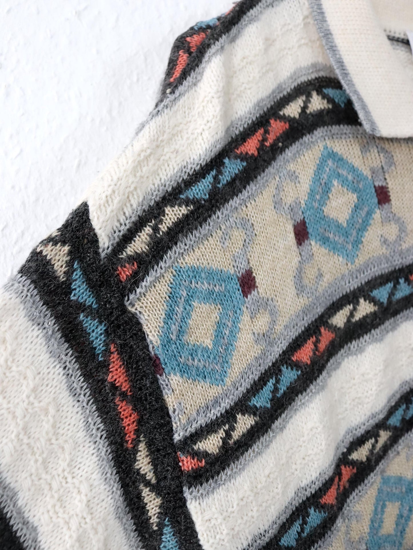 Vintage 80s 90s LUCIANO CHIARI Wool Sweater Patterned Collar Button Placket Knit M/L