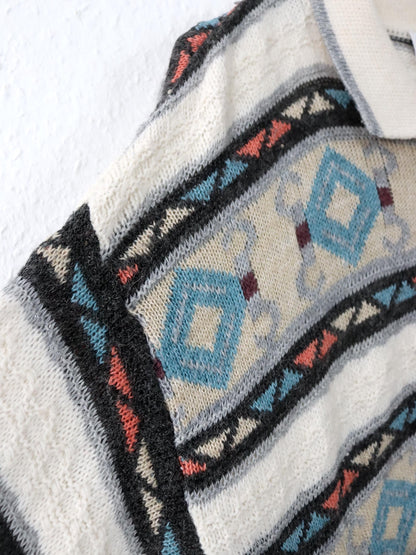 Vintage 80s 90s LUCIANO CHIARI Wool Sweater Patterned Collar Button Placket Knit M/L