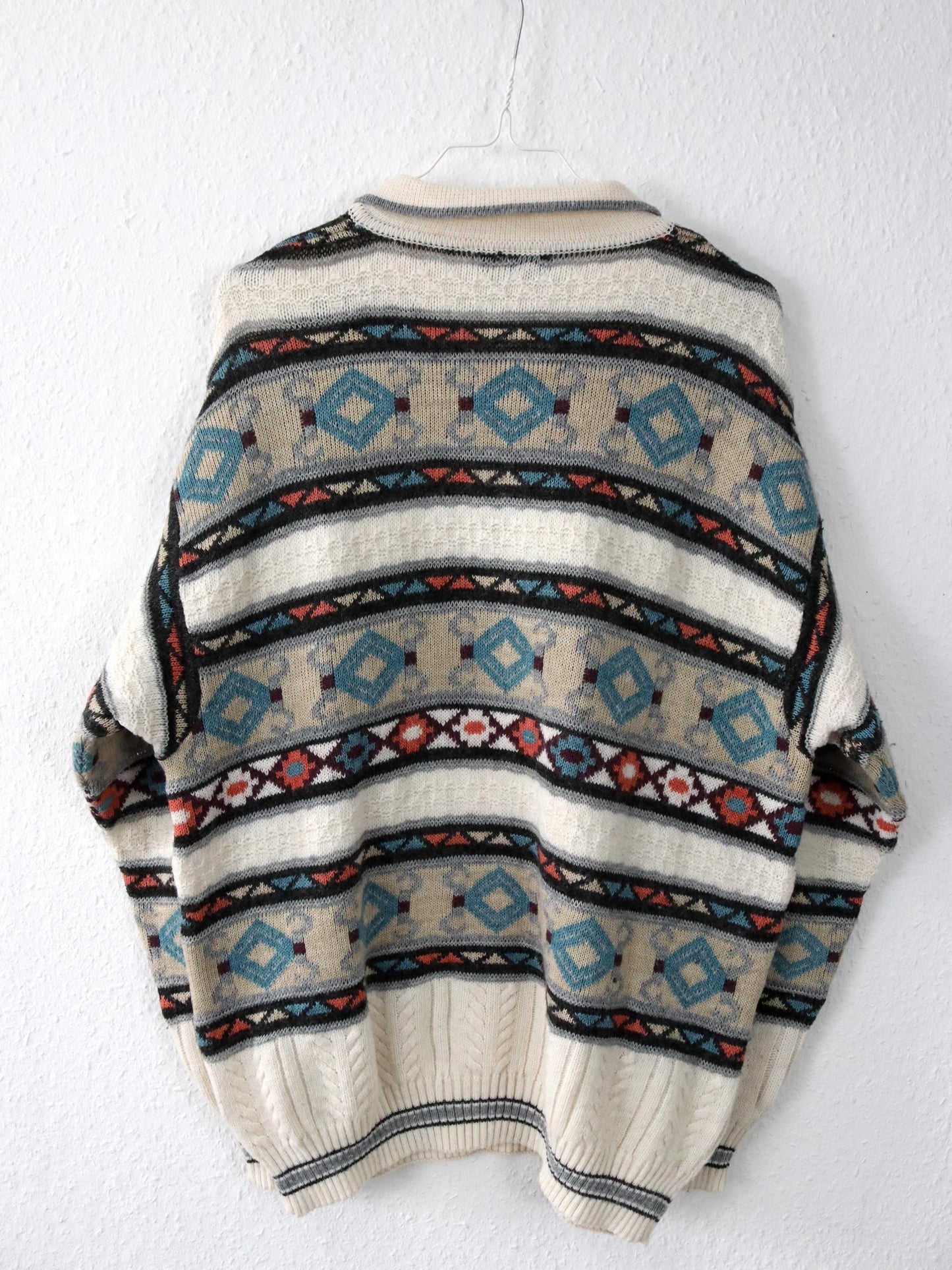 Vintage 80s 90s LUCIANO CHIARI Wool Sweater Patterned Collar Button Placket Knit M/L