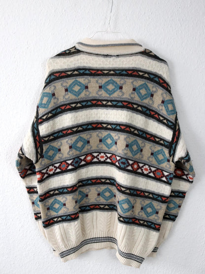 Vintage 80s 90s LUCIANO CHIARI Wool Sweater Patterned Collar Button Placket Knit M/L