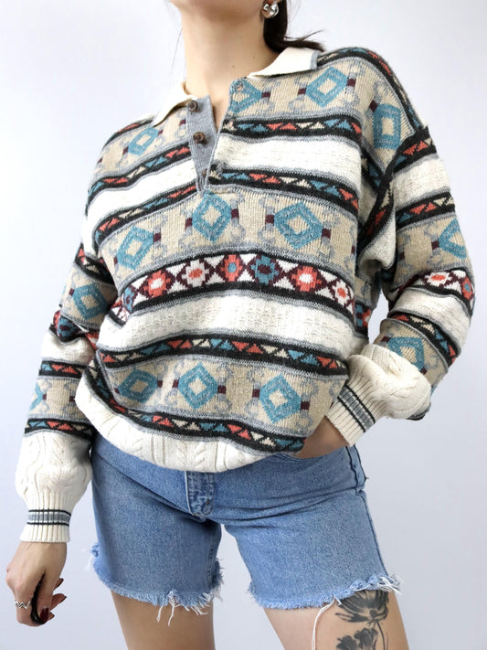 Vintage 80er 90er LUCIANO CHIARI Wollpullover gemustert Kragen Knopfleiste Strick M/L