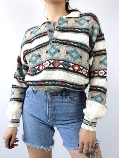 Vintage 80s 90s LUCIANO CHIARI Wool Sweater Patterned Collar Button Placket Knit M/L