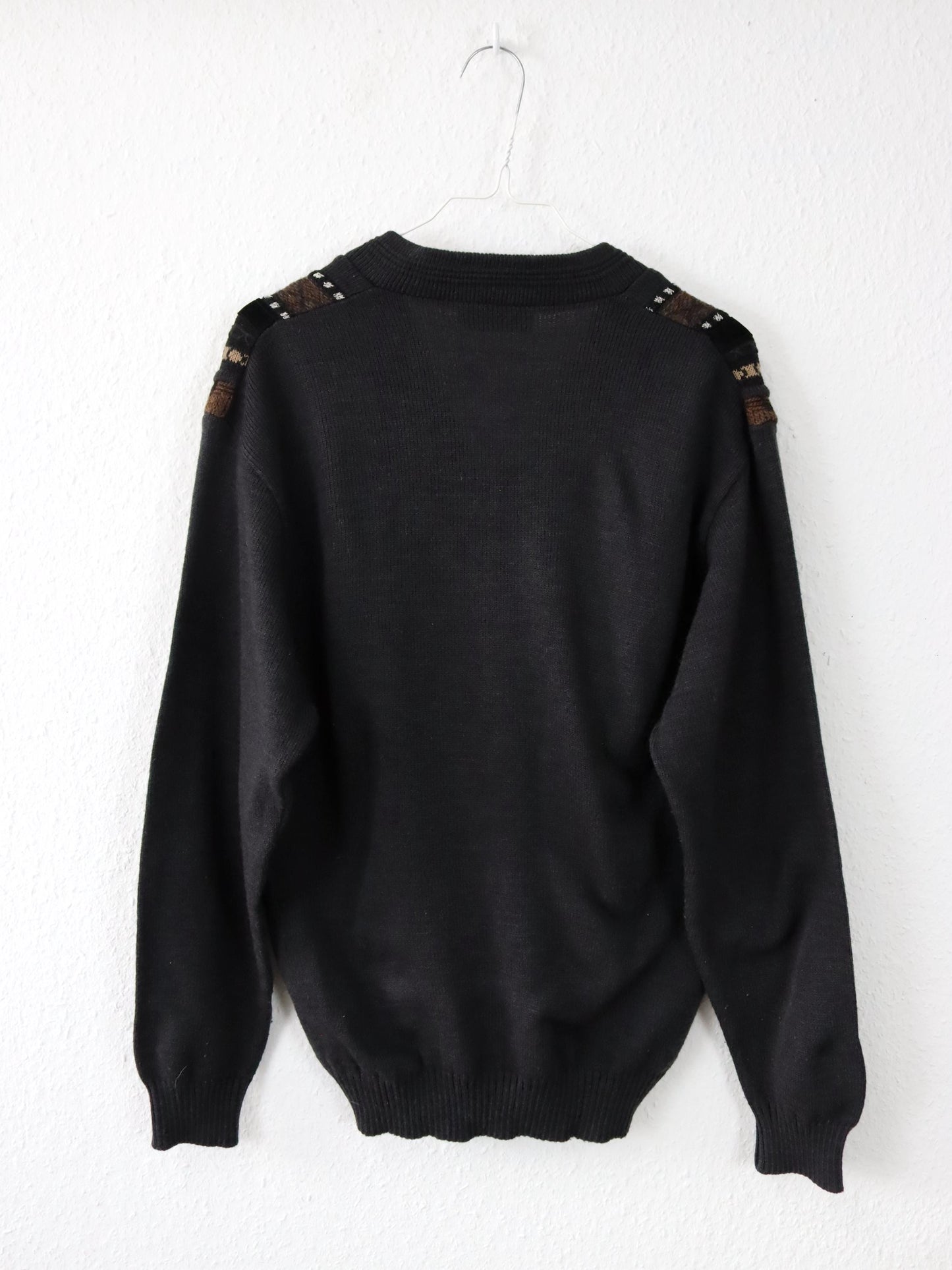 Vintage 80s 90s UMBERTO ROSETTI Wool Sweater Pullover V-Neck Knit Black Brown Velvet 36