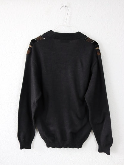 Vintage 80s 90s UMBERTO ROSETTI Wool Sweater Pullover V-Neck Knit Black Brown Velvet 36