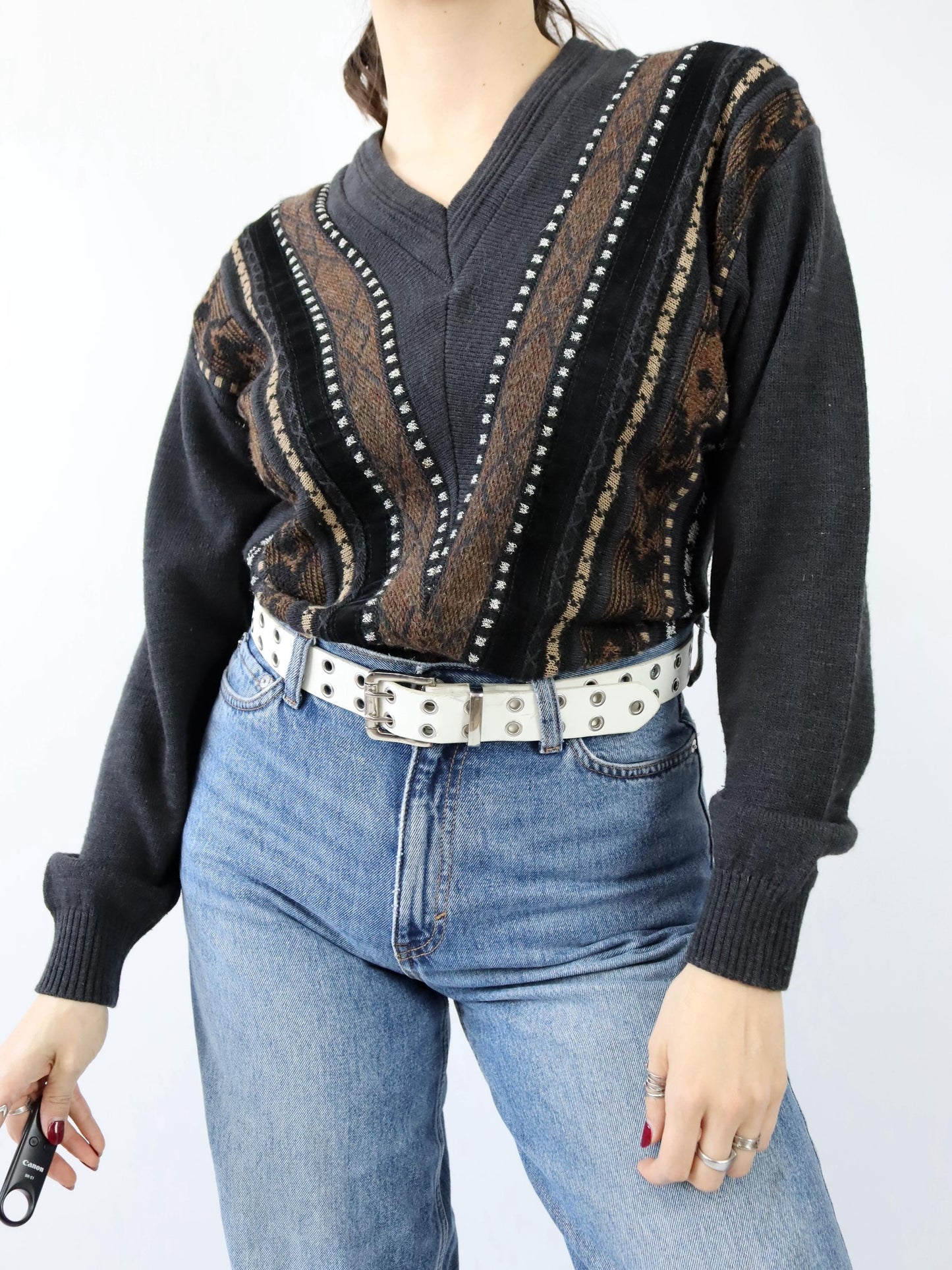 Vintage 80s 90s UMBERTO ROSETTI Wool Sweater Pullover V-Neck Knit Black Brown Velvet 36