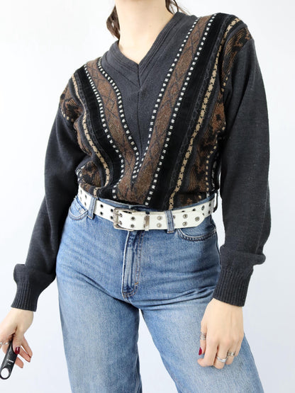 Vintage 80s 90s UMBERTO ROSETTI Wool Sweater Pullover V-Neck Knit Black Brown Velvet 36