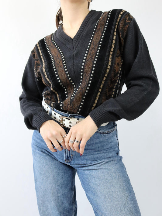 Vintage 80er 90er UMBERTO ROSETTI Wollpullover Pullover V-Ausschnitt Strick schwarz braun Samt 36