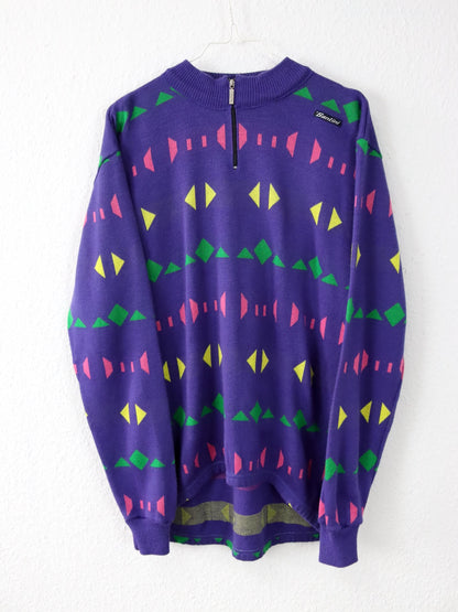 Vintage 80s 90s SANTINI Wool Jumper Cycling Jumper crazy pattern Purple XXL