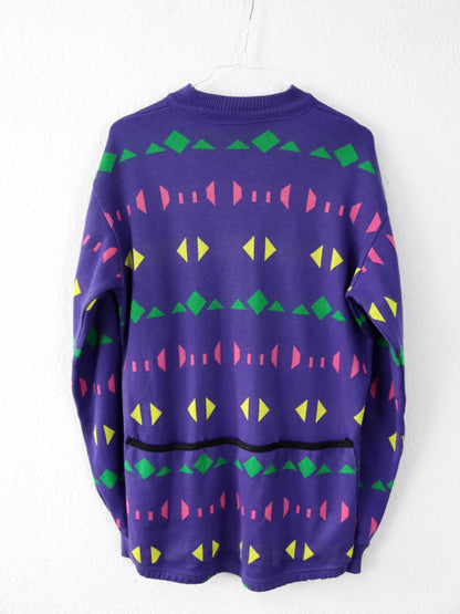 Vintage 80s 90s SANTINI Wool Jumper Cycling Jumper crazy pattern Purple XXL