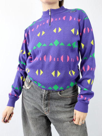 Vintage 80s 90s SANTINI Wool Jumper Cycling Jumper crazy pattern Purple XXL