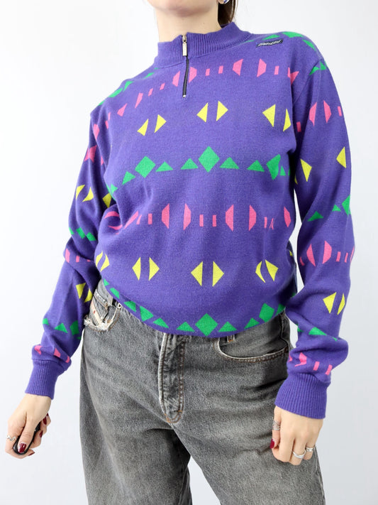Vintage 80er 90er SANTINI Wollpullover Fahrradpullover crazy pattern Lila XXL