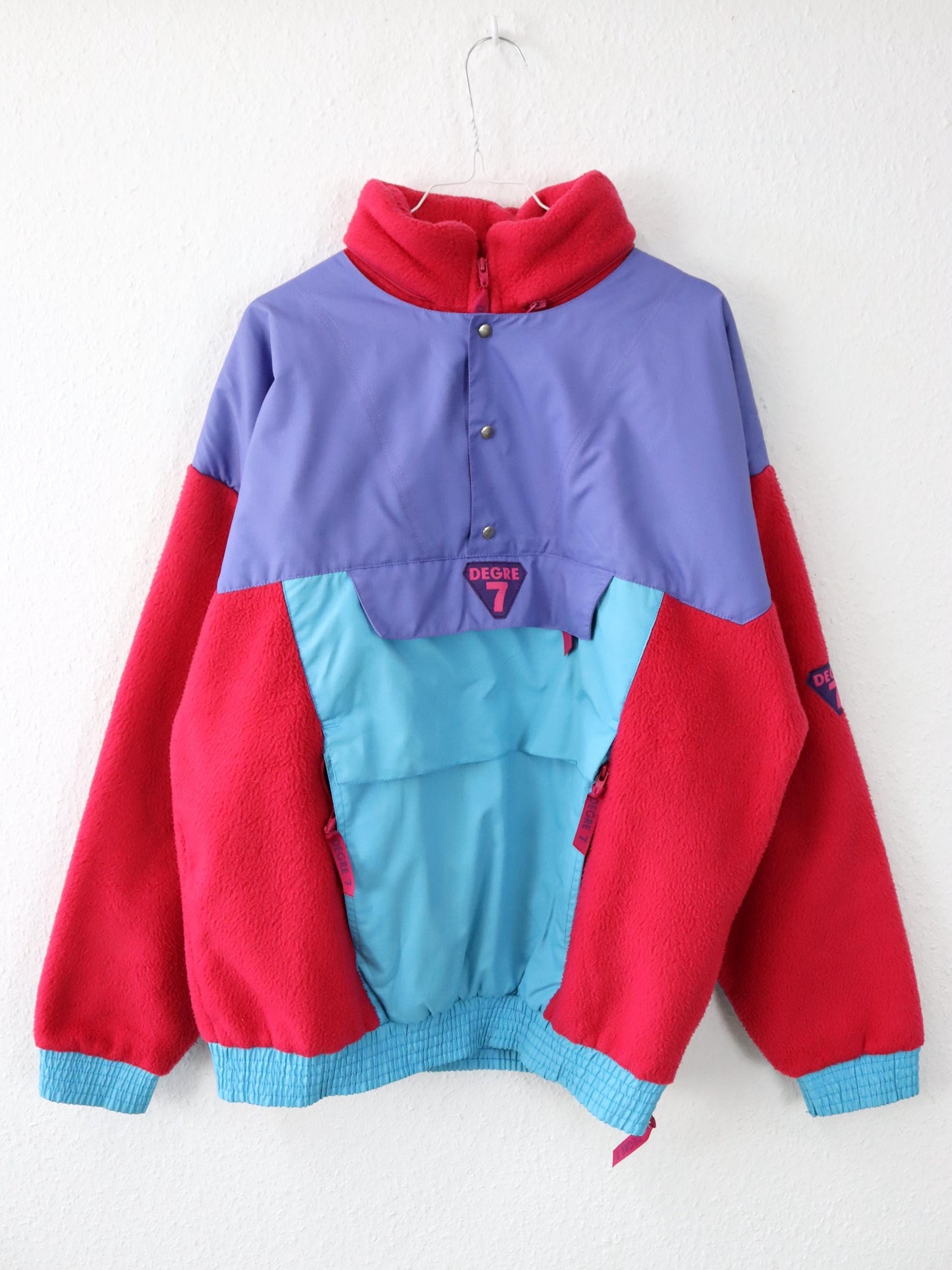 Vintage 80s 90s DEGRE 7 Fleece Pullover Polarplus Stand-up Collar Purple Pink Turquoise L