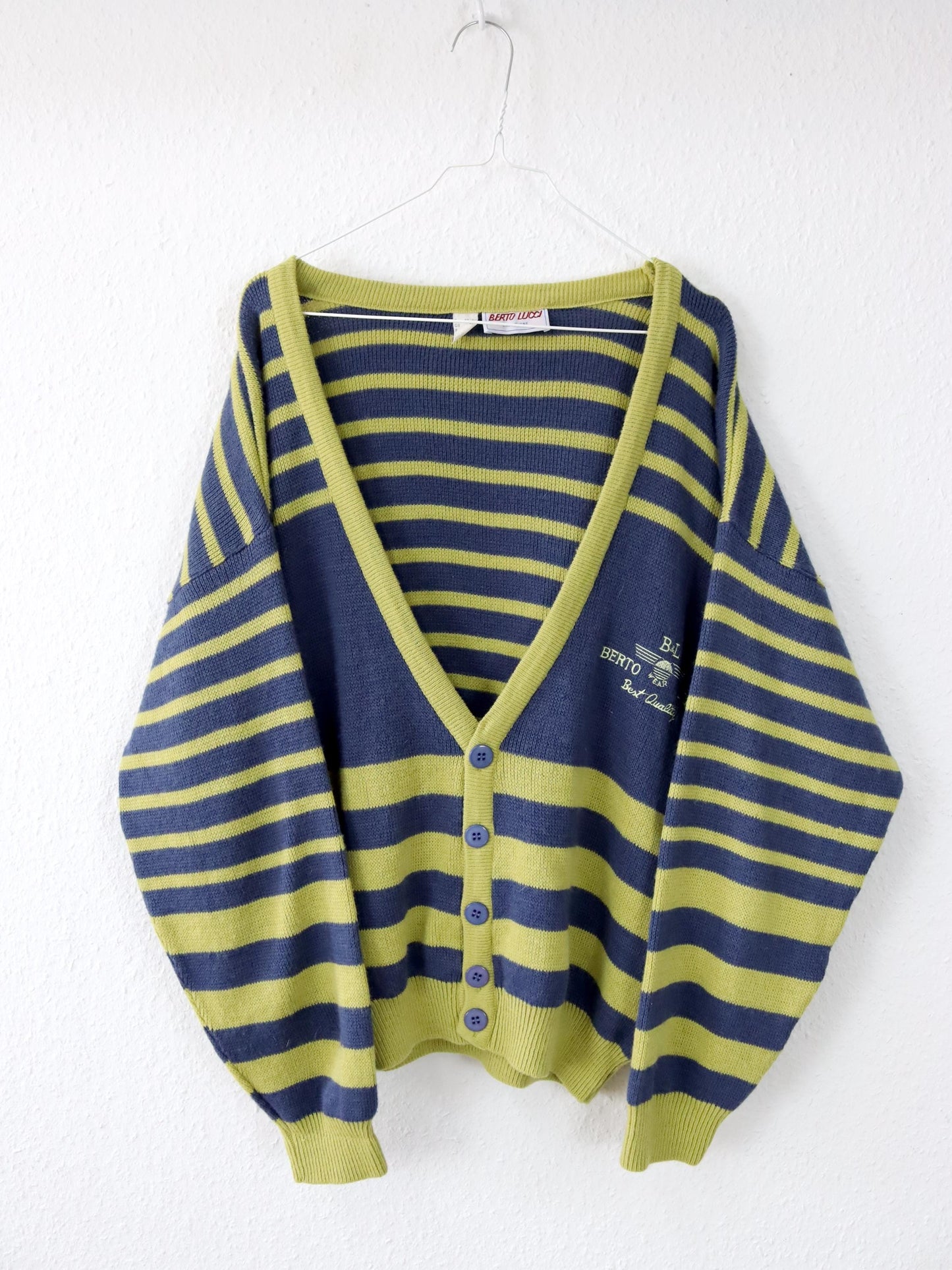 Vintage 80er 90er BERTO LUCCI Cardigan Strickjacke gestreift gelb blau Stickerei 48/50 M