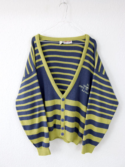 Vintage 80er 90er BERTO LUCCI Cardigan Strickjacke gestreift gelb blau Stickerei 48/50 M