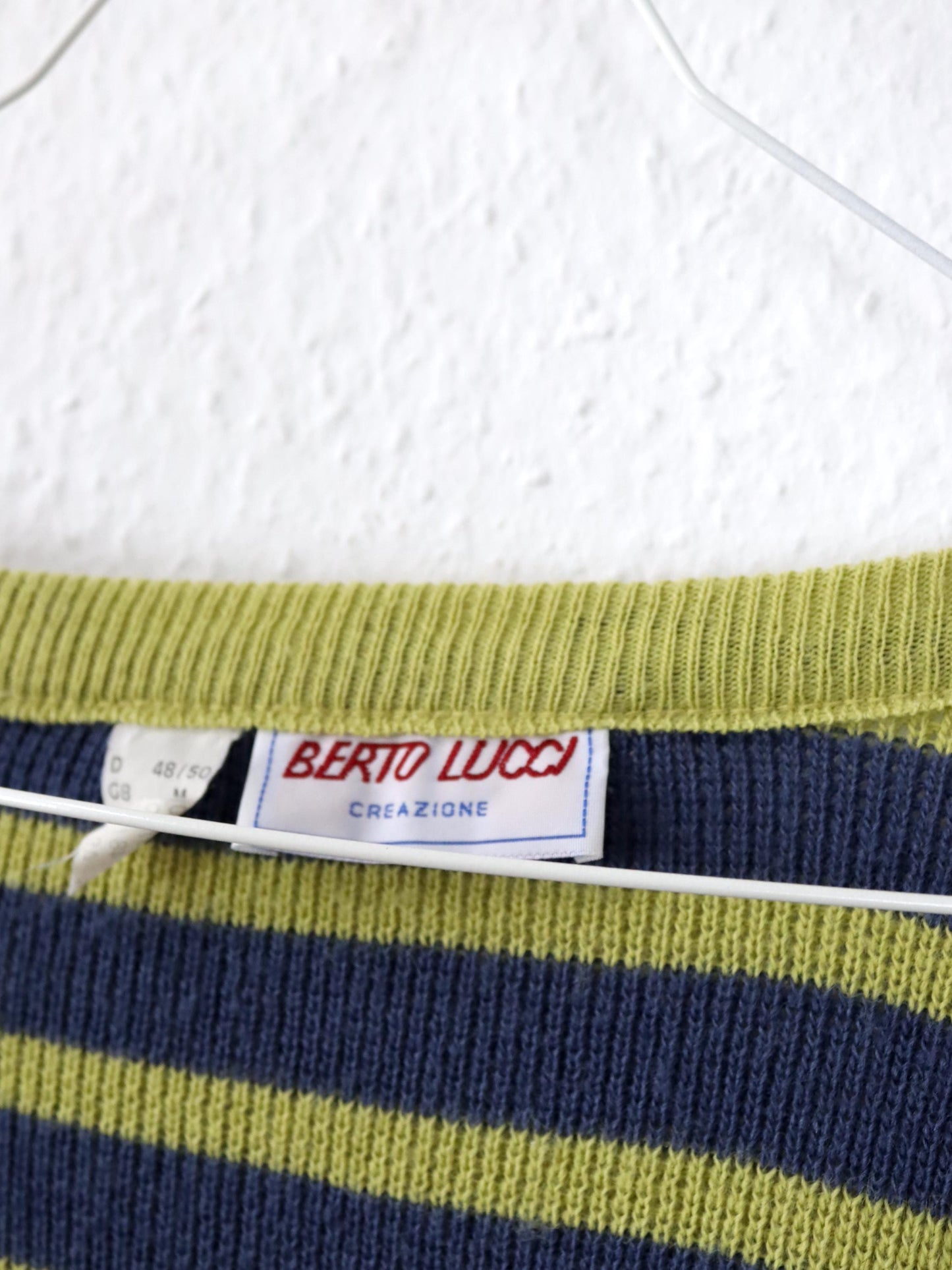 Vintage 80er 90er BERTO LUCCI Cardigan Strickjacke gestreift gelb blau Stickerei 48/50 M