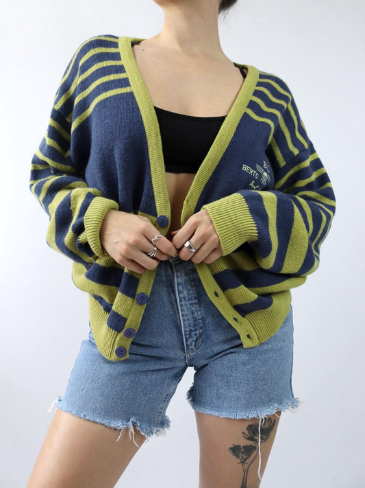 Vintage 80er 90er BERTO LUCCI Cardigan Strickjacke gestreift gelb blau Stickerei 48/50 M