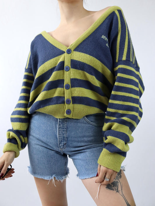 Vintage 80er 90er BERTO LUCCI Cardigan Strickjacke gestreift gelb blau Stickerei 48/50 M