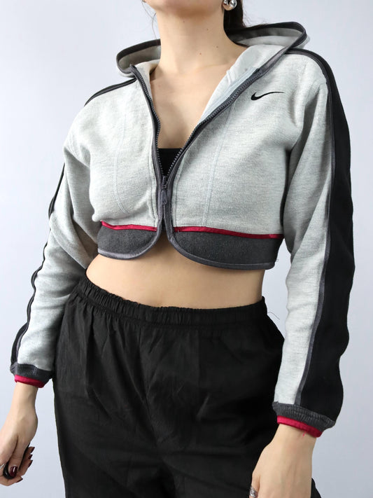 Vintage 90er 00er NIKE  Sport Jacke Crop Trainingsjacke bauchfrei Kapuze grau schwarz M