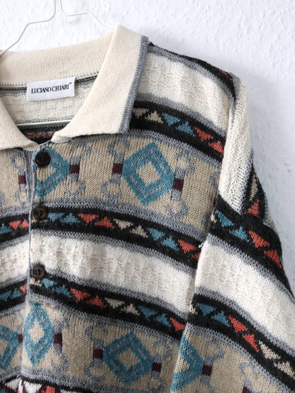 Vintage 80s 90s LUCIANO CHIARI Wool Sweater Patterned Collar Button Placket Knit M/L
