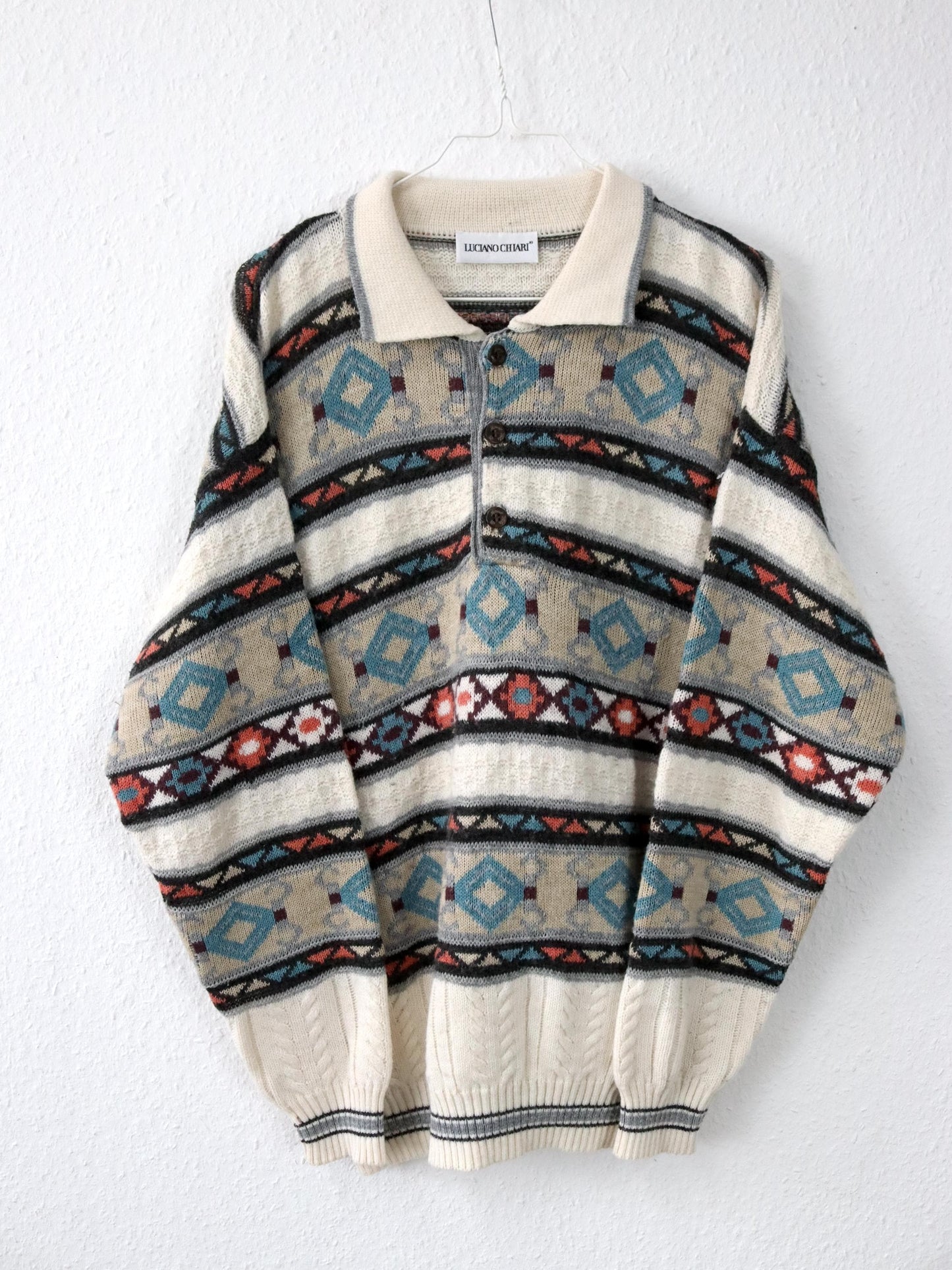Vintage 80s 90s LUCIANO CHIARI Wool Sweater Patterned Collar Button Placket Knit M/L
