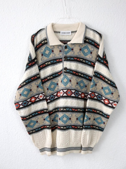 Vintage 80s 90s LUCIANO CHIARI Wool Sweater Patterned Collar Button Placket Knit M/L