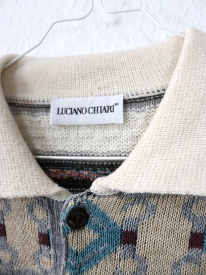 Vintage 80s 90s LUCIANO CHIARI Wool Sweater Patterned Collar Button Placket Knit M/L