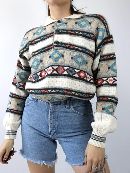 Vintage 80s 90s LUCIANO CHIARI Wool Sweater Patterned Collar Button Placket Knit M/L