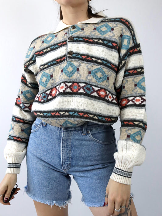 Vintage 80er 90er LUCIANO CHIARI Wollpullover gemustert Kragen Knopfleiste Strick M/L