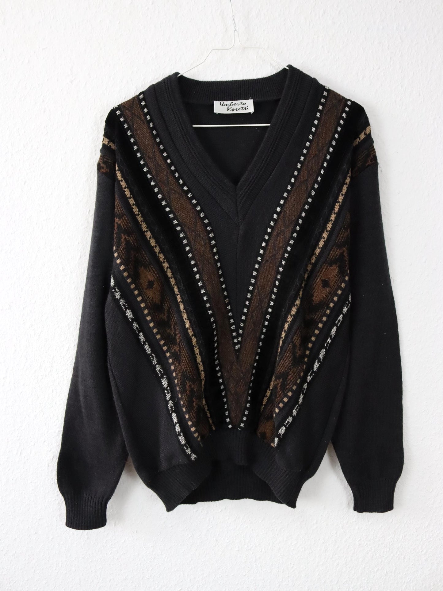 Vintage 80s 90s UMBERTO ROSETTI Wool Sweater Pullover V-Neck Knit Black Brown Velvet 36