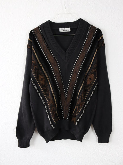 Vintage 80s 90s UMBERTO ROSETTI Wool Sweater Pullover V-Neck Knit Black Brown Velvet 36