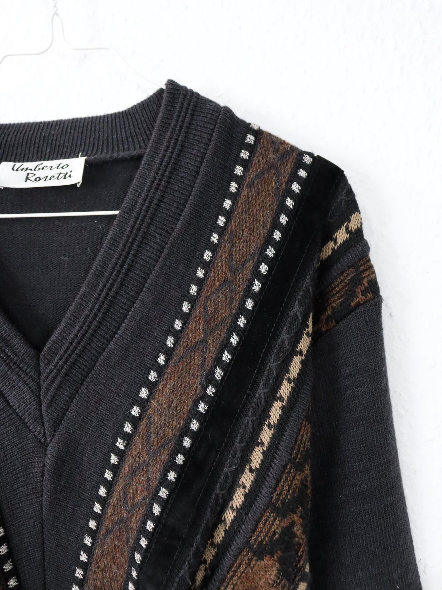 Vintage 80s 90s UMBERTO ROSETTI Wool Sweater Pullover V-Neck Knit Black Brown Velvet 36