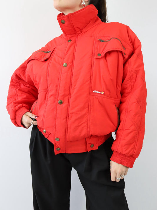 Vintage 80er 90er ELLESSE Winterjacke Jacke Schulterpolster gefüttert rot 48 M