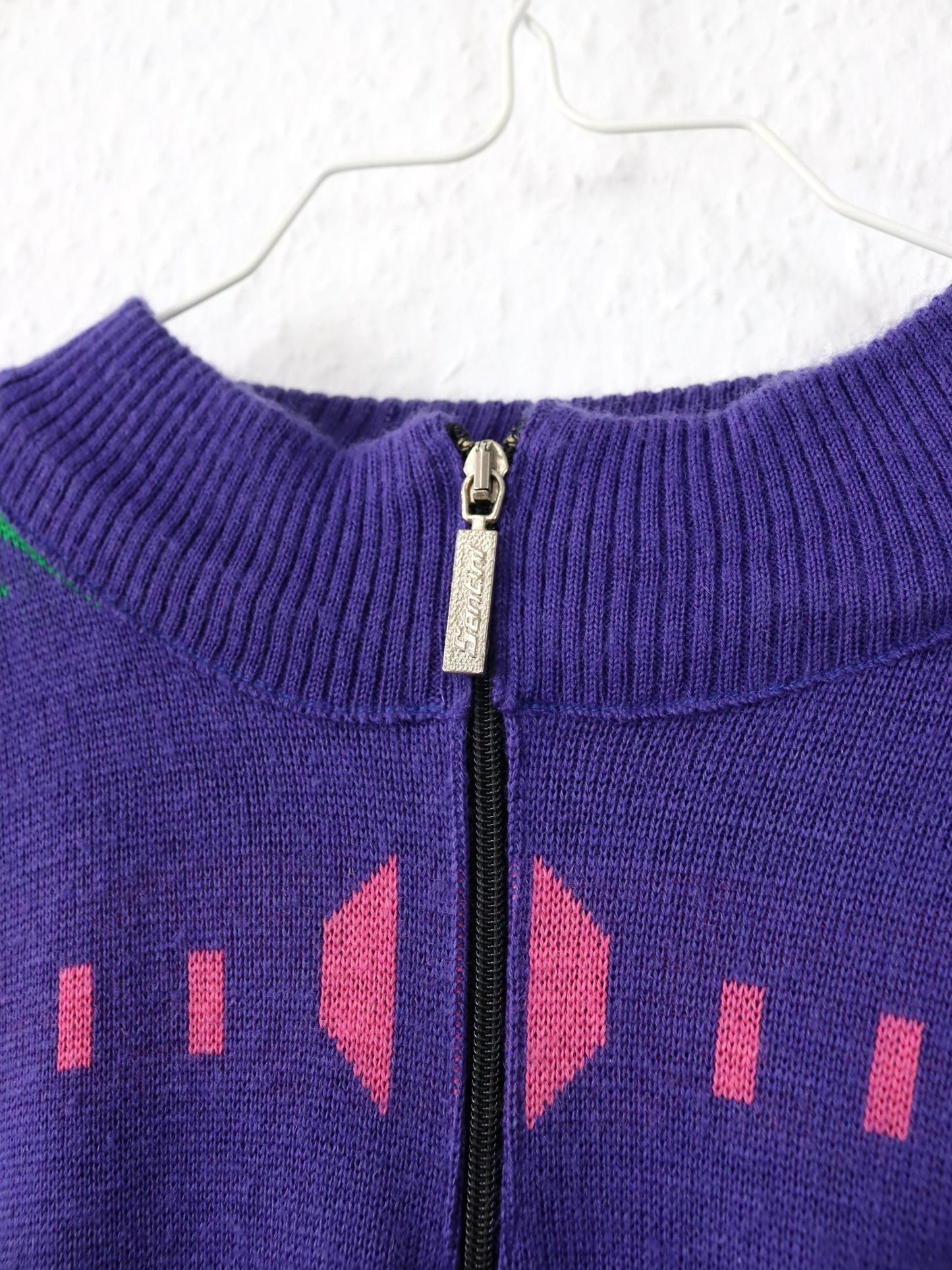Vintage 80s 90s SANTINI Wool Jumper Cycling Jumper crazy pattern Purple XXL