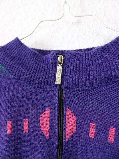 Vintage 80s 90s SANTINI Wool Jumper Cycling Jumper crazy pattern Purple XXL