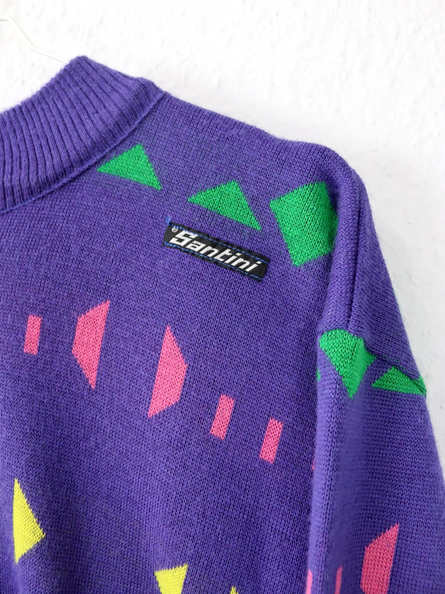 Vintage 80s 90s SANTINI Wool Jumper Cycling Jumper crazy pattern Purple XXL