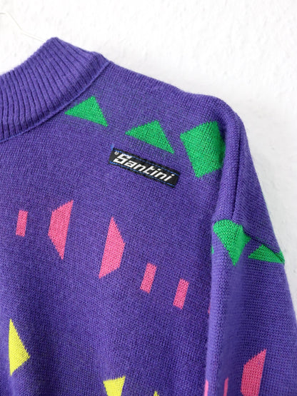 Vintage 80s 90s SANTINI Wool Jumper Cycling Jumper crazy pattern Purple XXL