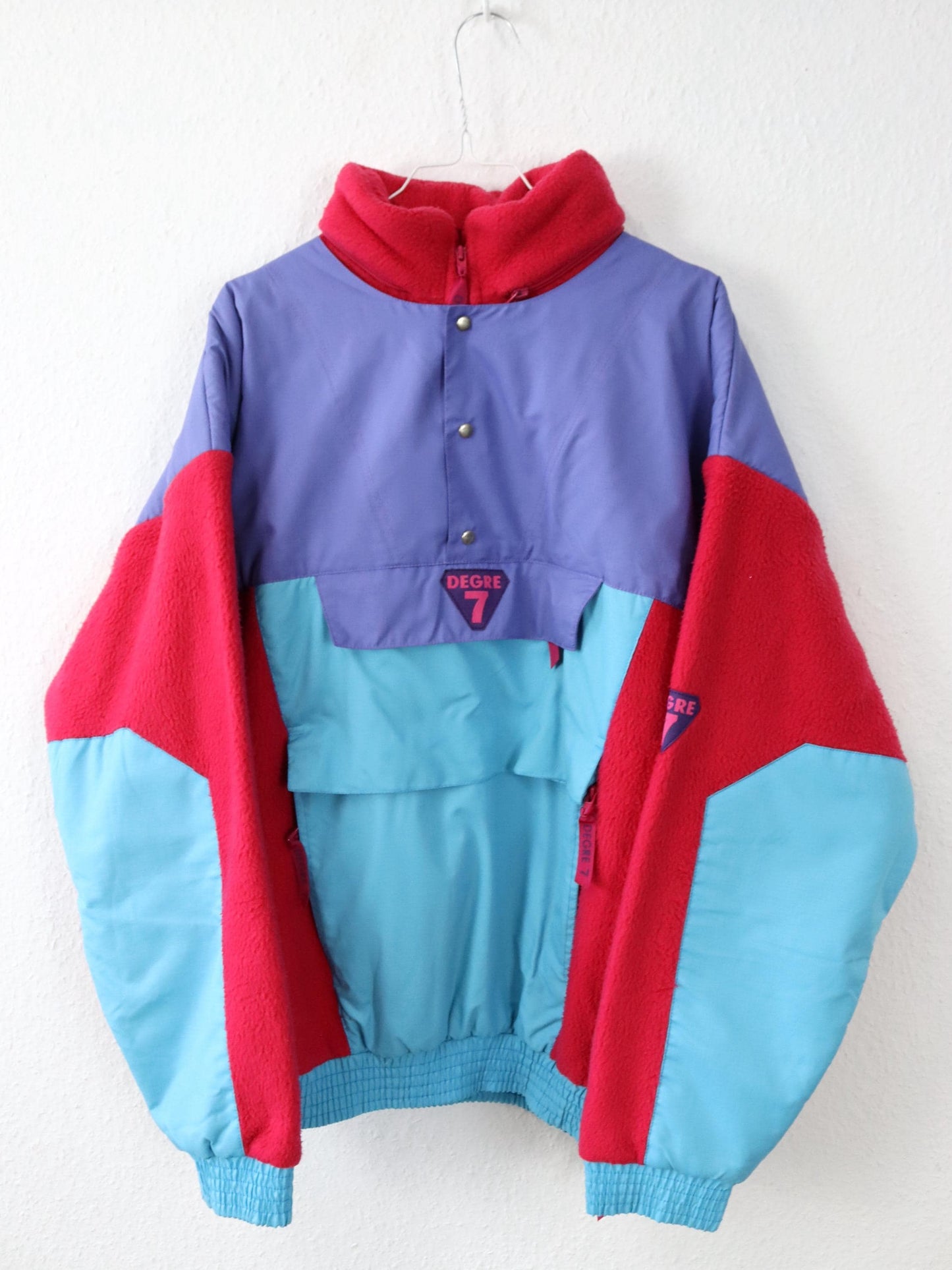 Vintage 80s 90s DEGRE 7 Fleece Pullover Polarplus Stand-up Collar Purple Pink Turquoise L