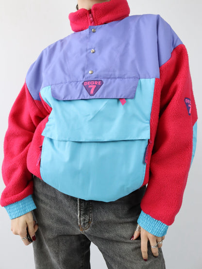 Vintage 80s 90s DEGRE 7 Fleece Pullover Polarplus Stand-up Collar Purple Pink Turquoise L
