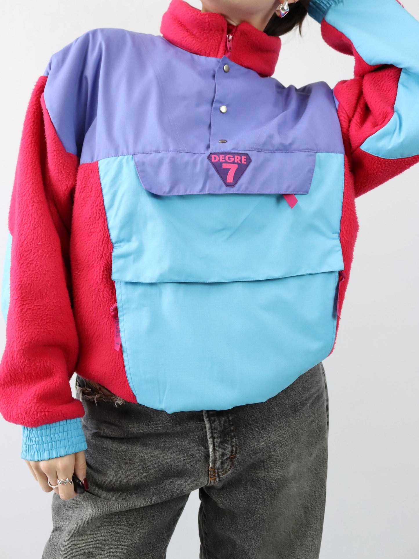 Vintage 80s 90s DEGRE 7 Fleece Pullover Polarplus Stand-up Collar Purple Pink Turquoise L