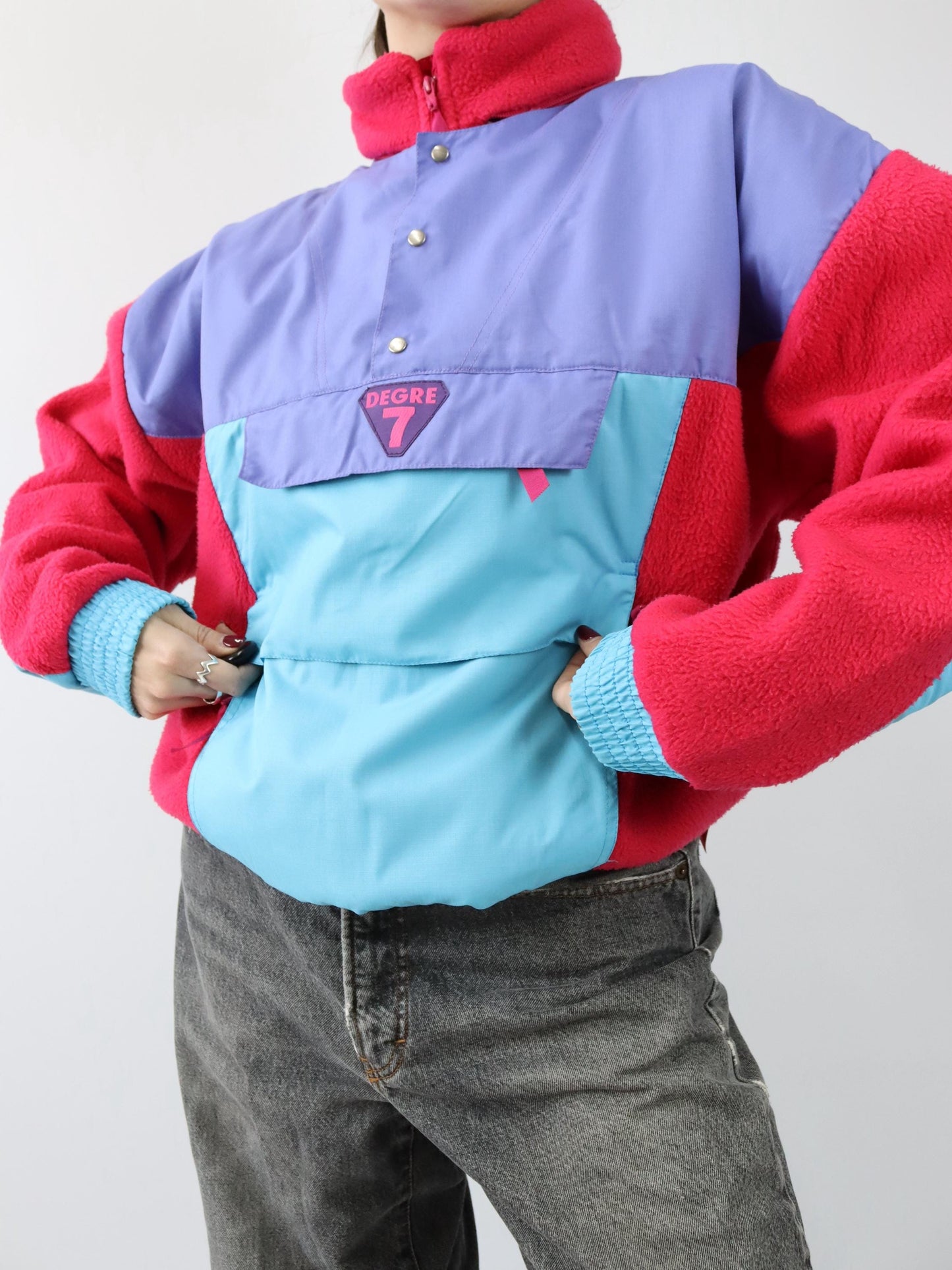 Vintage 80s 90s DEGRE 7 Fleece Pullover Polarplus Stand-up Collar Purple Pink Turquoise L