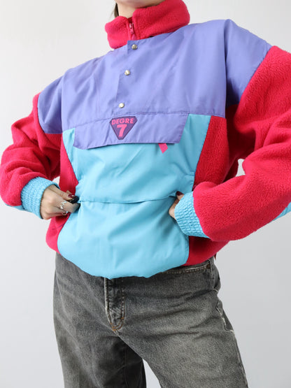 Vintage 80s 90s DEGRE 7 Fleece Pullover Polarplus Stand-up Collar Purple Pink Turquoise L